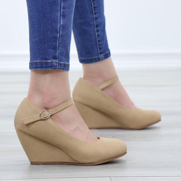 Faux Nubuck Leather Low Wedge Classy Heel - Picture 5 of 13